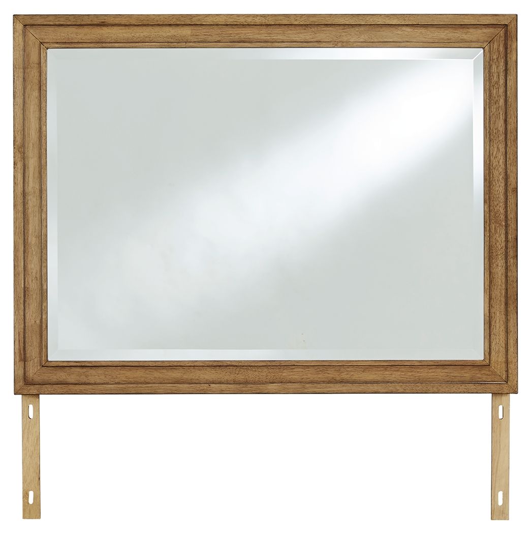 Rectangular brown wood-framed mirror with clear glass and side supports