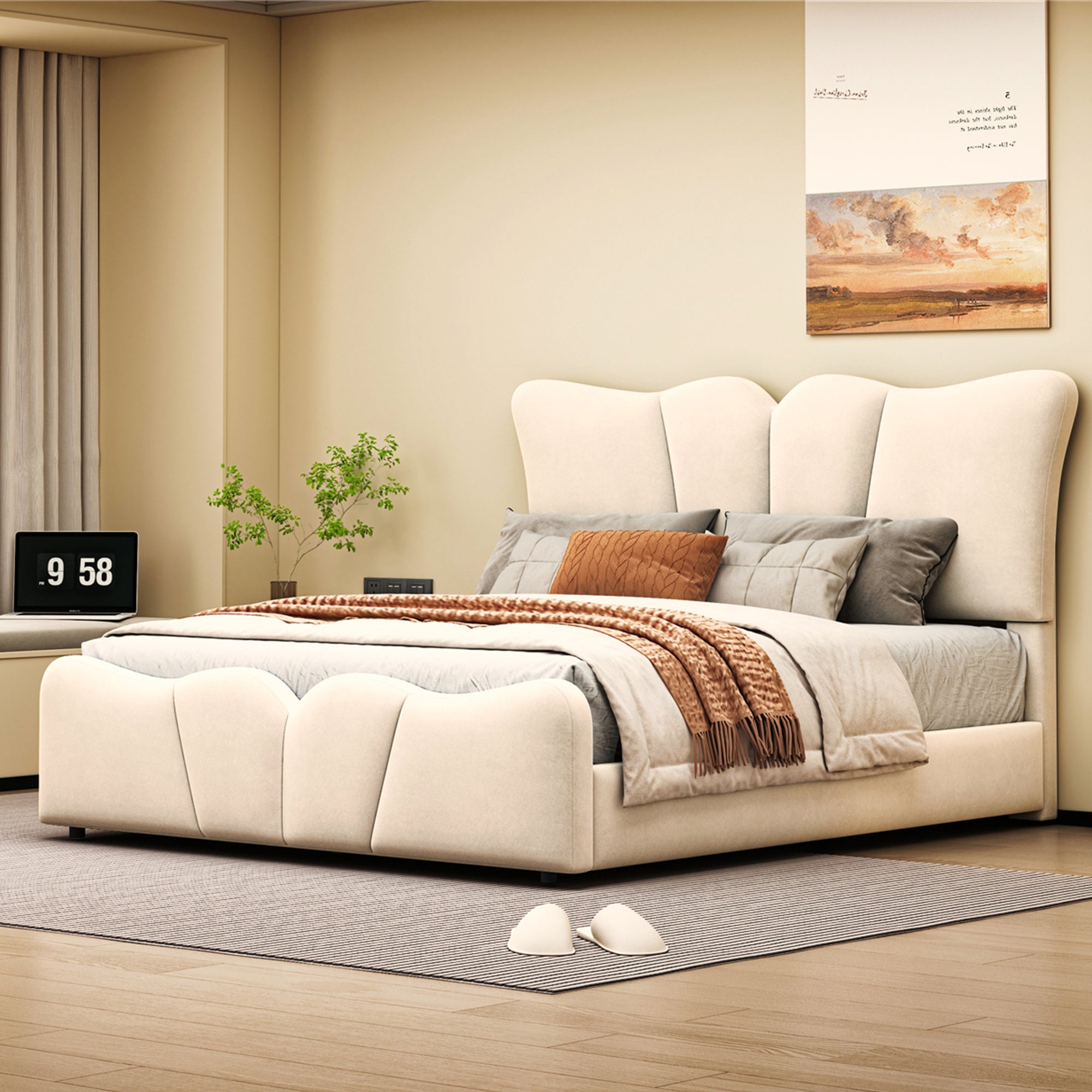 Full Size Beige Velvet Upholstered Platform Bed