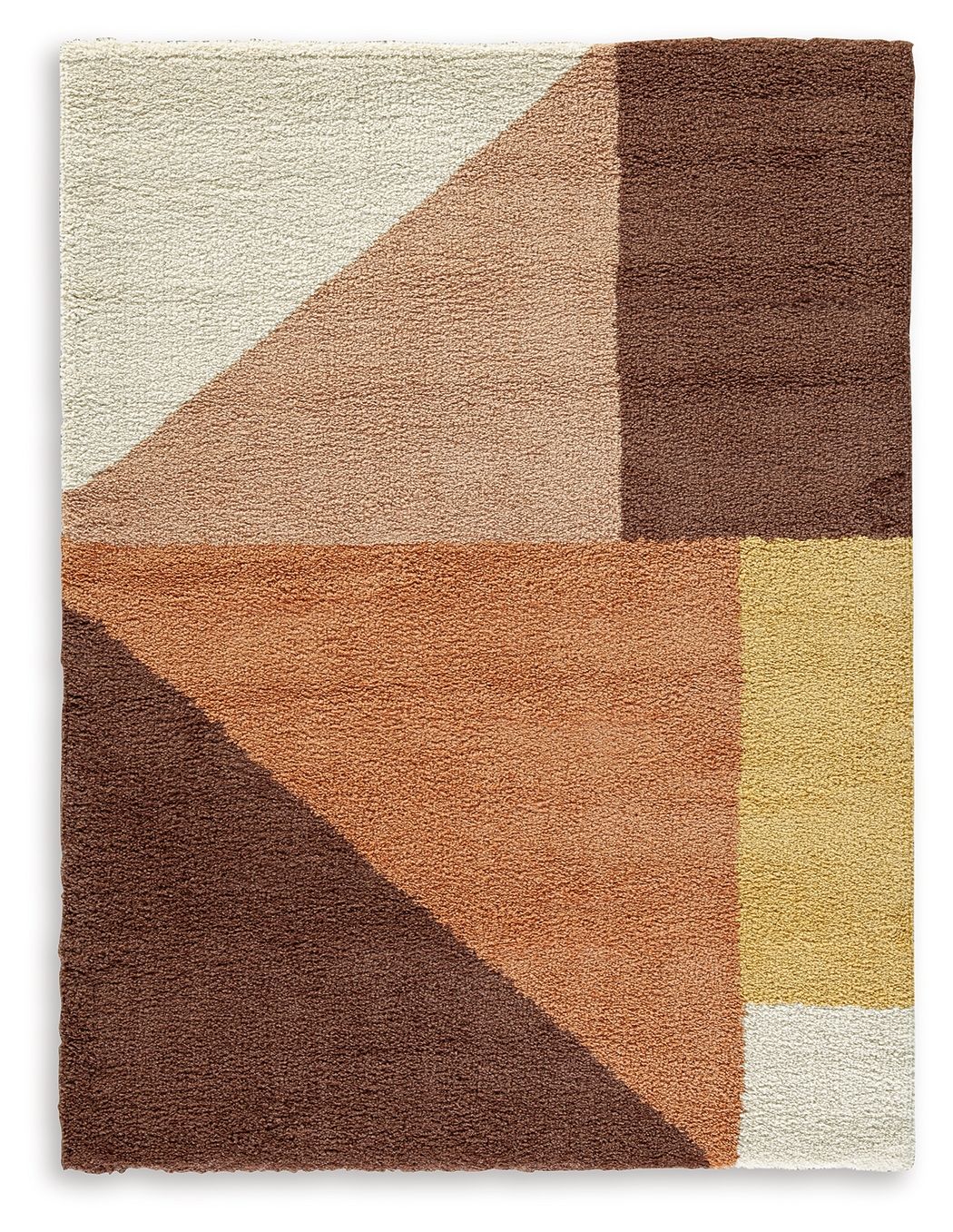 Geometric area rug with cream, dark brown, rust, and mustard blocks