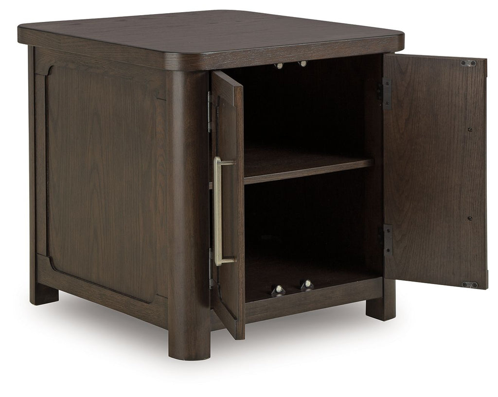 Dark brown 2-door end table with one door open, showing empty interior shelf