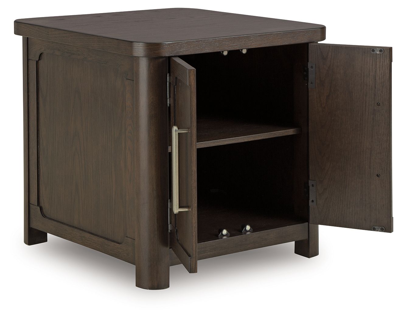 Dark brown 2-door end table with one door open, showing empty interior shelf