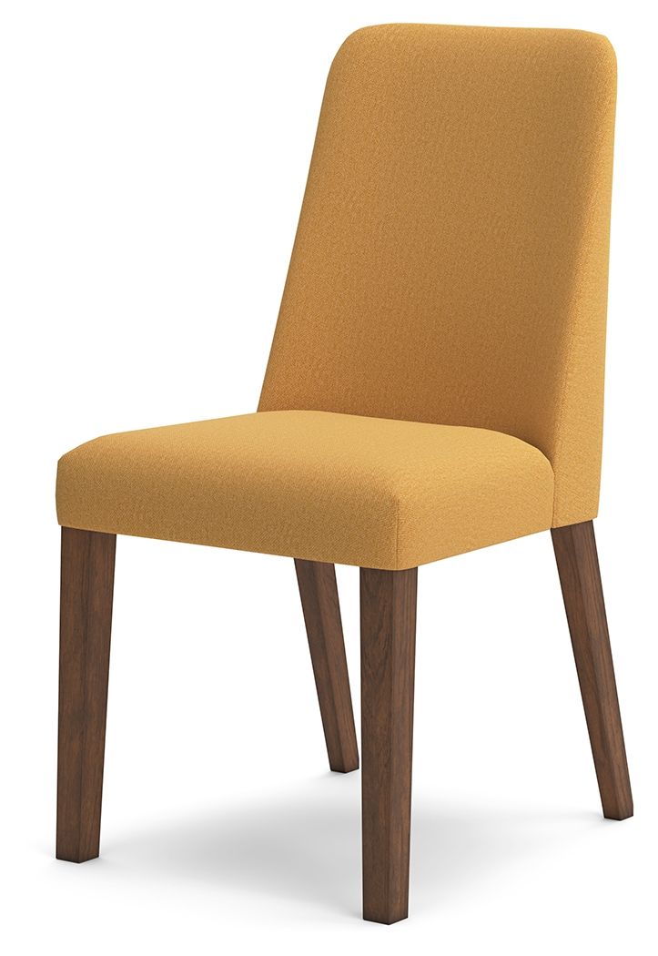 Yellow dining side chair with upholstered seat and back, dark wood legs.