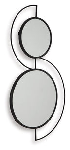 Black accent wall mirror with two oval mirrors stacked, arched metal outlines