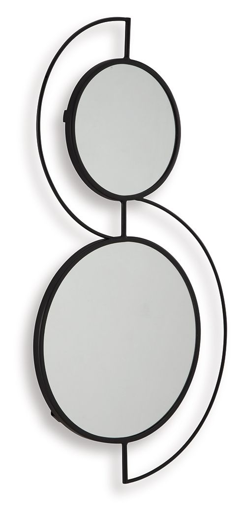 Black accent wall mirror with two oval mirrors stacked, arched metal outlines