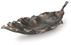 Antique copper leaf-shaped sculpture bowl, side view with curled stem