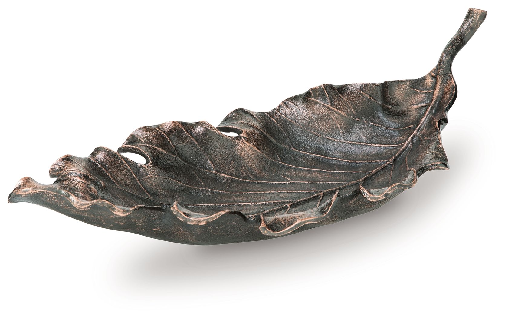 Antique copper leaf-shaped sculpture bowl, side view with curled stem