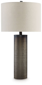 Glass table lamp with beige drum shade and dark brown ribbed glass base