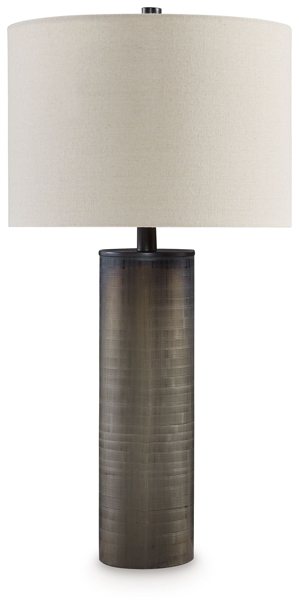 Glass table lamp with beige drum shade and dark brown ribbed glass base