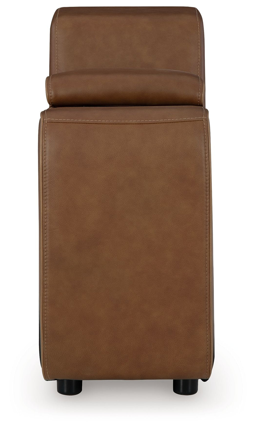 Caramel brown storage console with padded backrest and black legs