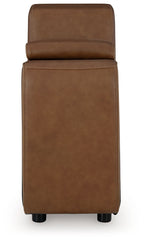 Caramel brown storage console with padded backrest and black legs