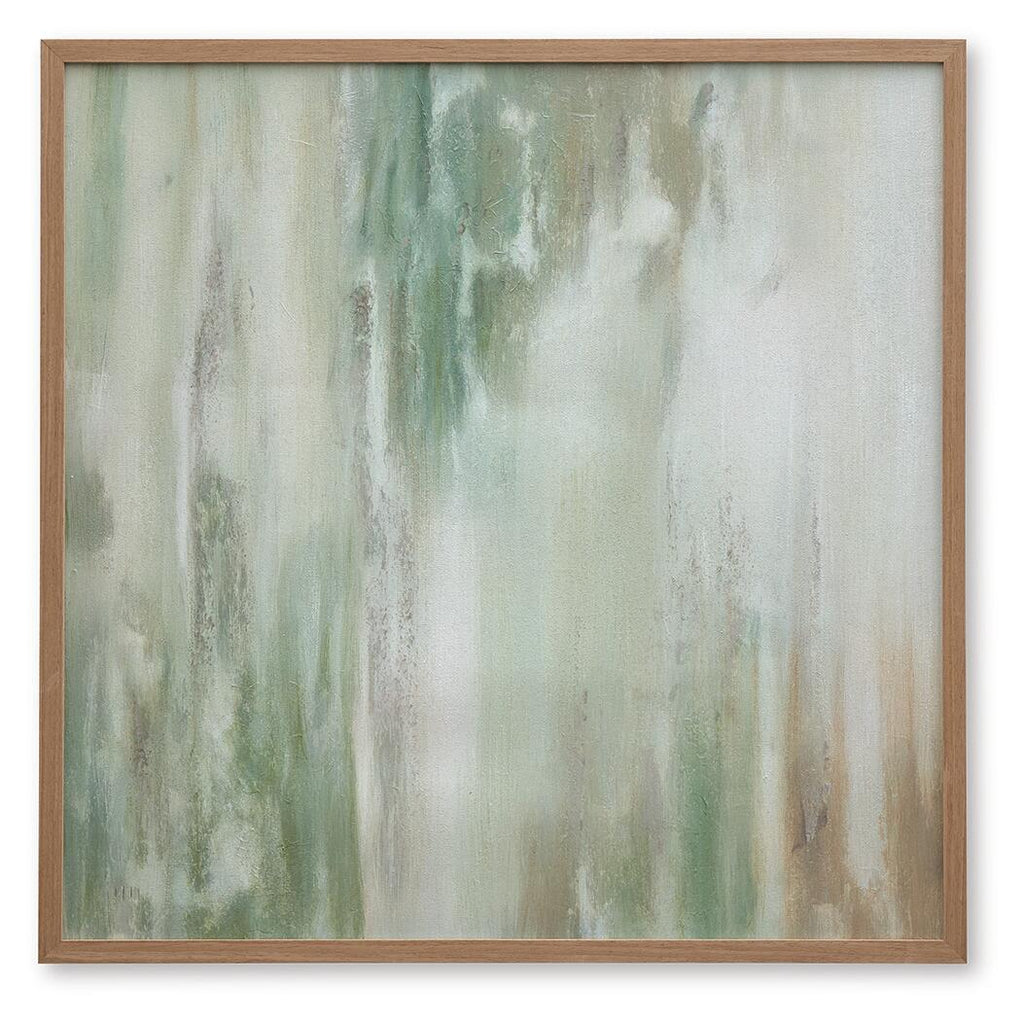Framed abstract wall art with green, brown & white vertical textured streaks