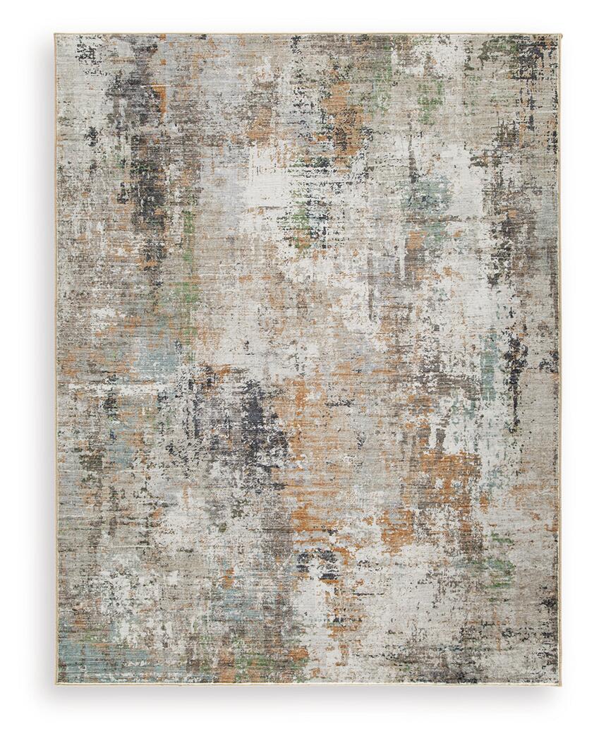 Abstract area rug with distressed squares and speckles, light cream and muted blue