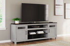 Gray TV stand with dark top, side cabinets and open middle storage for media
