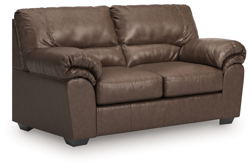 WillowBend loveseat in dark brown leather-look with deep seat cushions and rolled arms