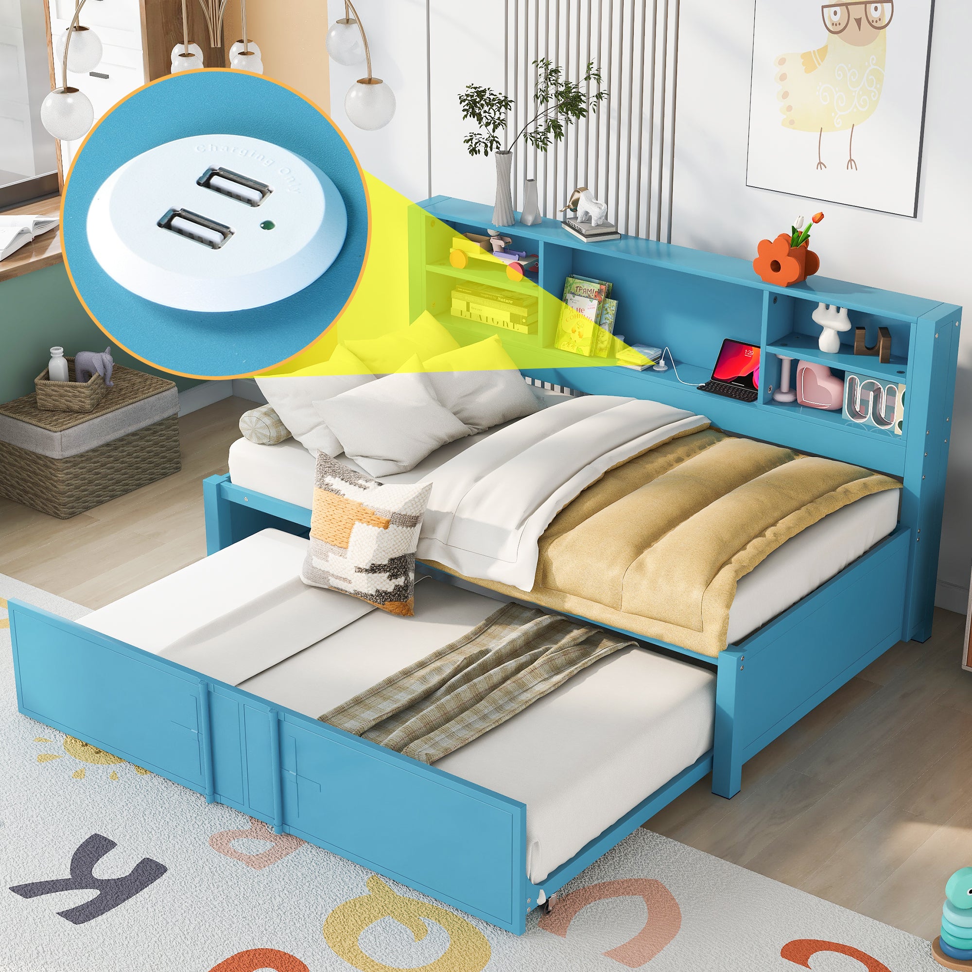 Blue Metal Twin Daybed: Trundle, Storage Shelves & USB Ports