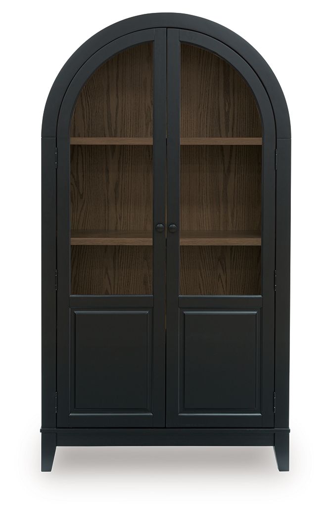 Black accent cabinet with arched glass doors and four interior shelf compartments