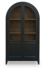 Black accent cabinet with arched glass doors and four interior shelf compartments