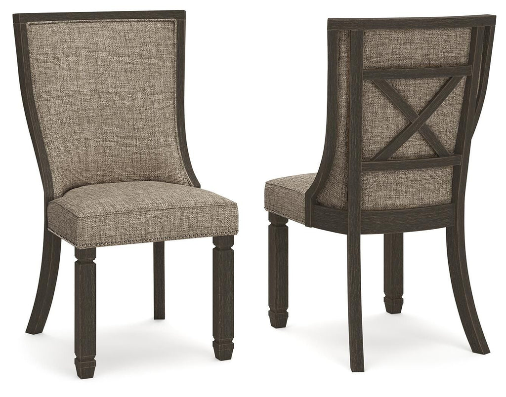 Upholstered dining side chair with framed back, dark wood legs, tan seat and back