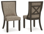 Upholstered dining side chair with framed back, dark wood legs, tan seat and back