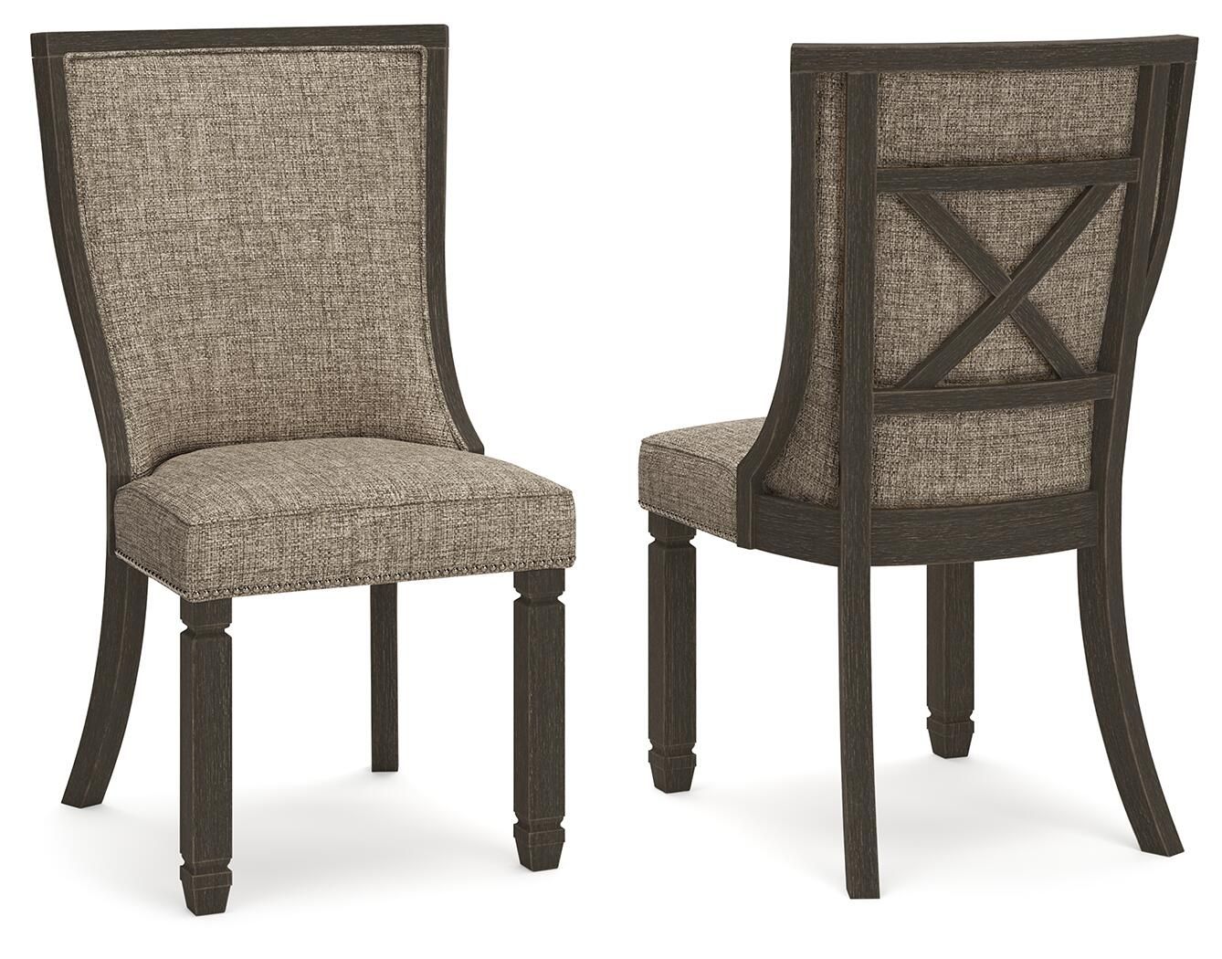 Upholstered dining side chair with framed back, dark wood legs, tan seat and back