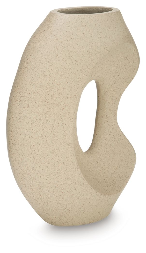 Beige ceramic vase with curved silhouette and vertical oval side opening.