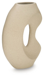 Beige ceramic vase with curved silhouette and vertical oval side opening.