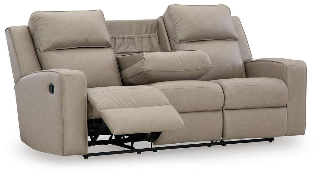 Pebble recliner sofa with drop-down table extended and padded headrests