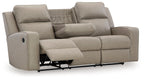 Pebble recliner sofa with drop-down table extended and padded headrests