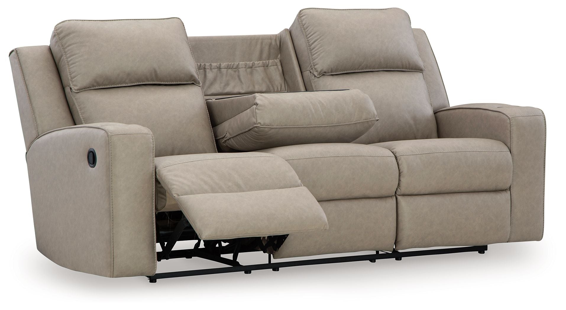 Pebble recliner sofa with drop-down table extended and padded headrests