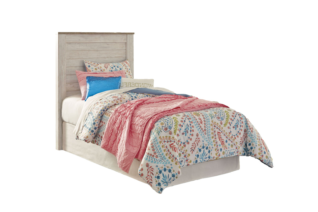 Beige upholstered headboard with horizontal paneling and cushioned frame