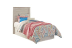 Beige upholstered headboard with horizontal paneling and cushioned frame