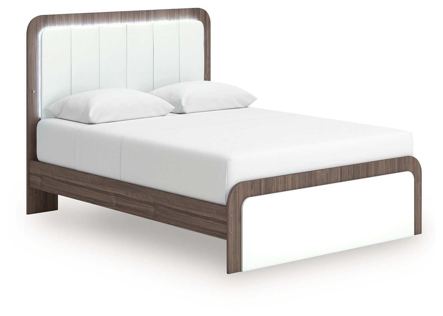 Upholstered bed with white headboard and padded sides, dark wood frame