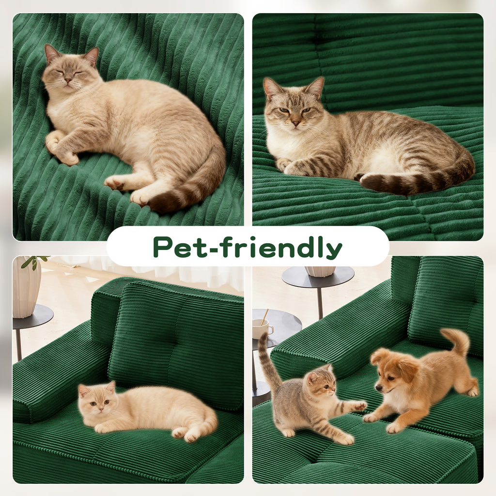 Green corduroy sectional sofa with pets resting on seat cushions