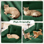 Green corduroy sectional sofa with pets resting on seat cushions