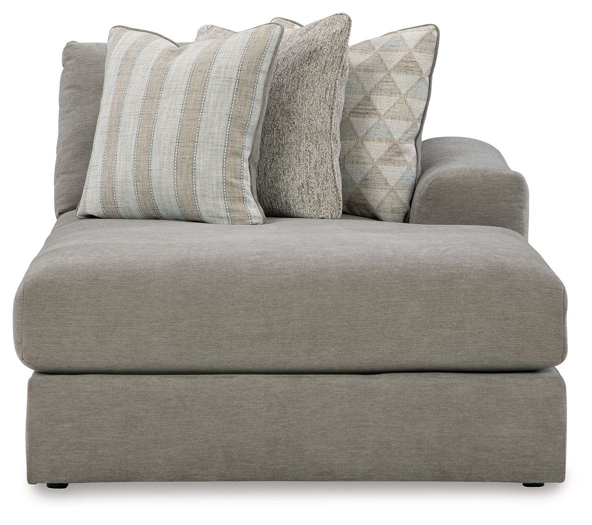 Avaliyah Raf corner chaise in ash gray upholstery with three throw pillows