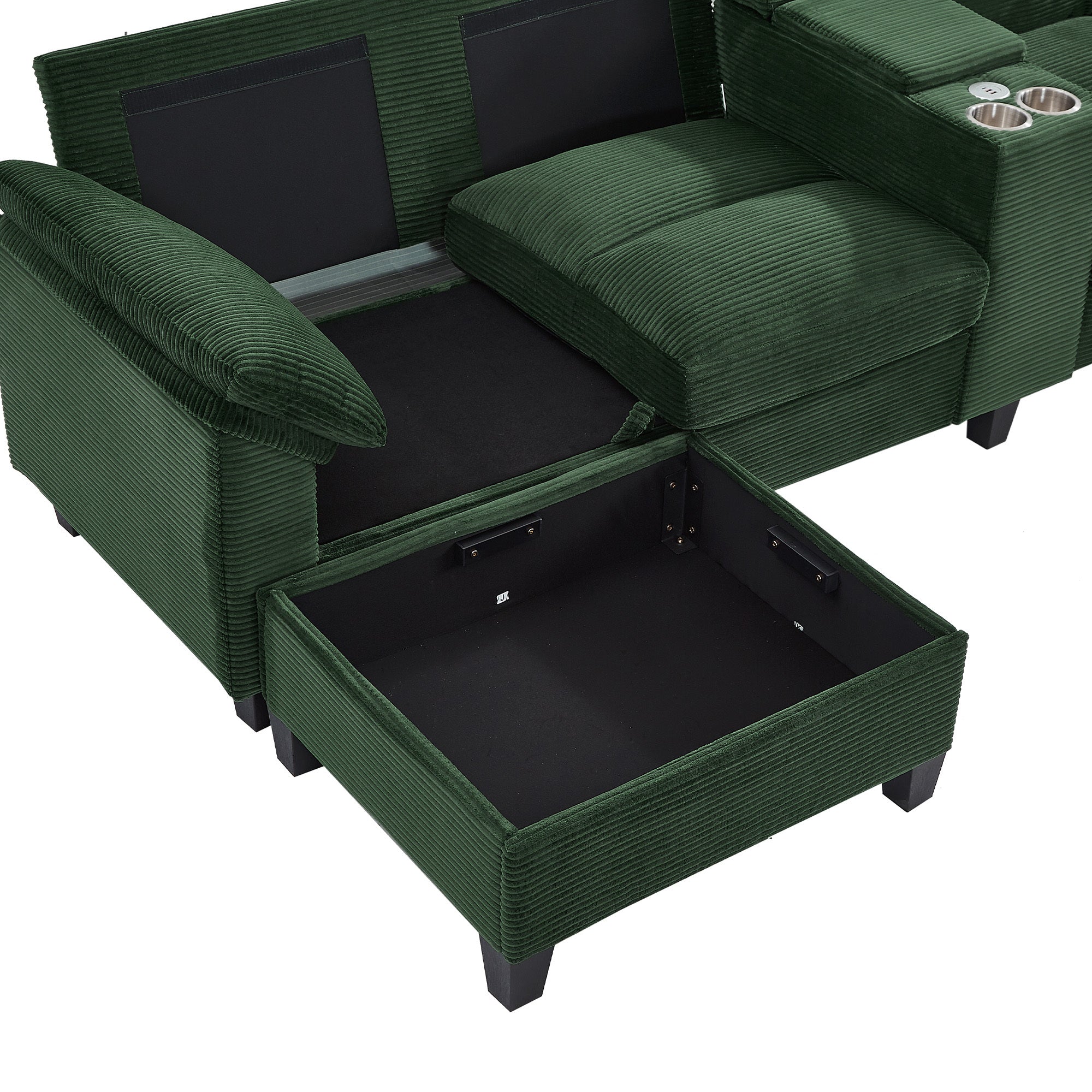 Green corduroy sectional ottoman with open storage box beneath