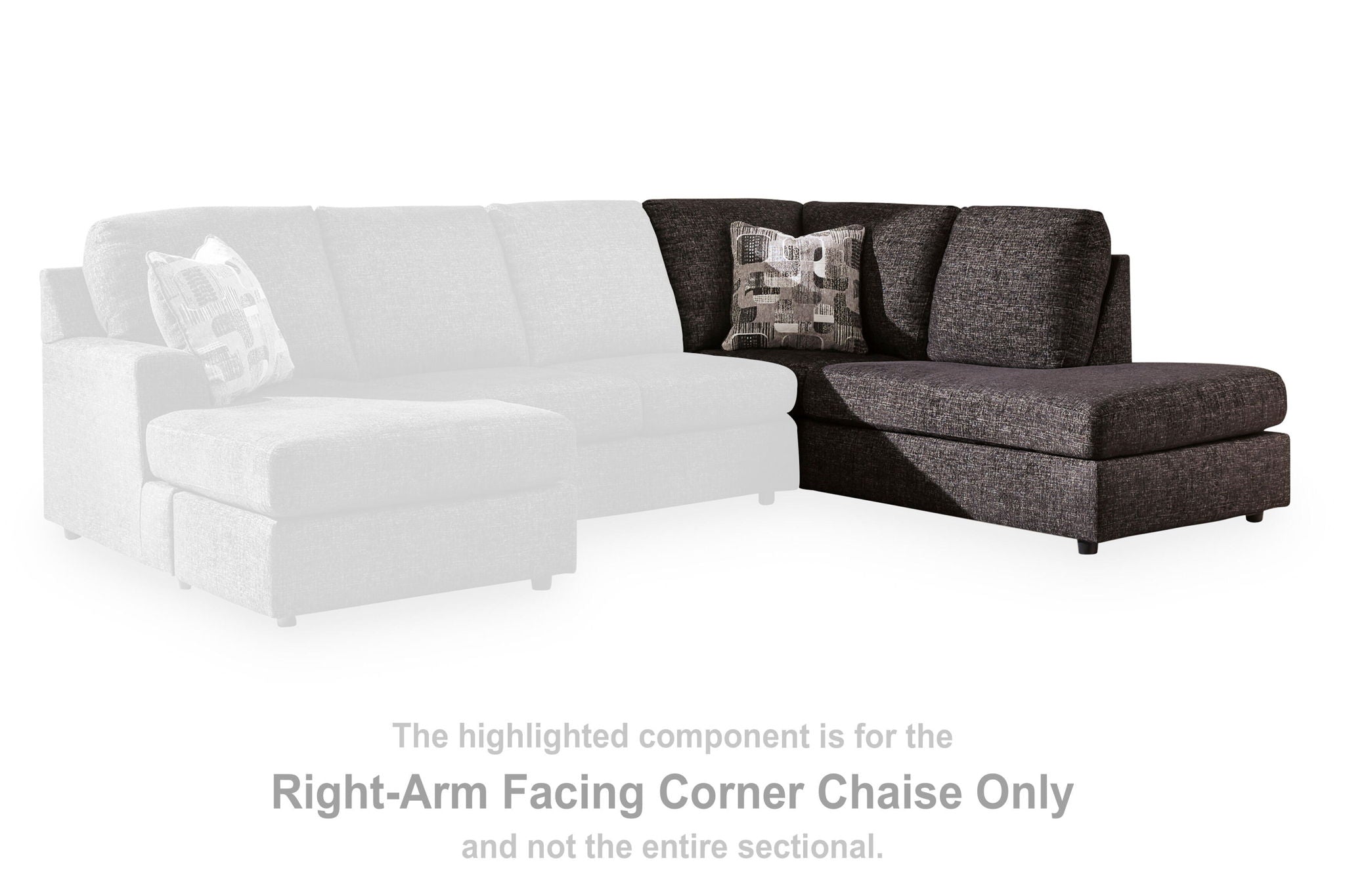 Corner chaise sofa section, dark upholstered chaise with patterned cushion and block feet