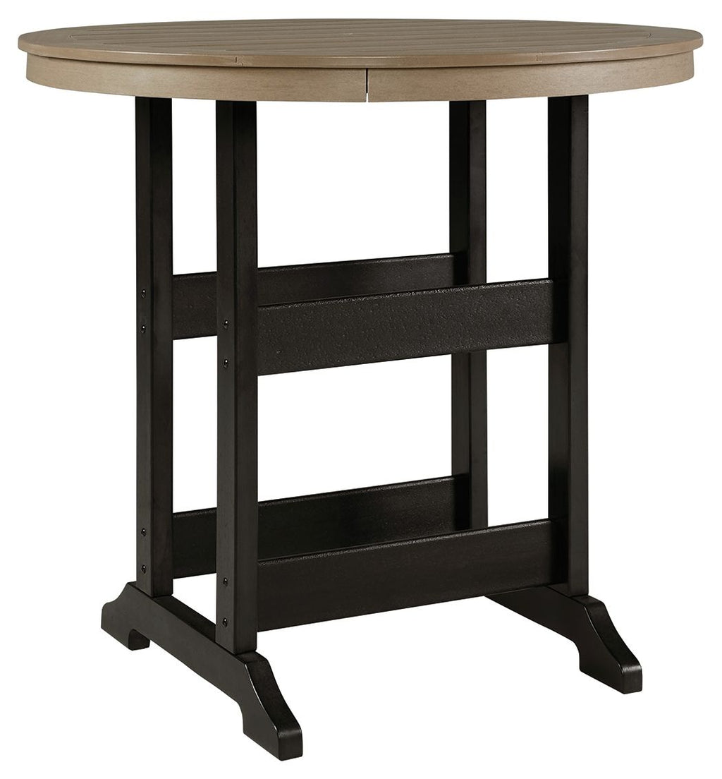 Round bar table with driftwood round top and black four-leg base