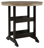 Round bar table with driftwood round top and black four-leg base