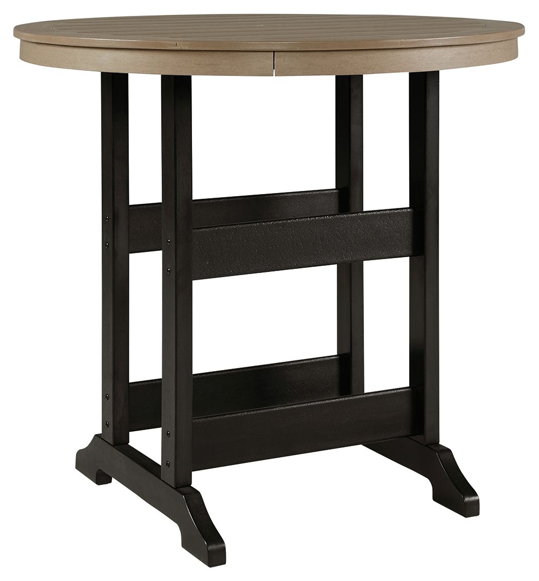 Round bar table with driftwood round top and black four-leg base