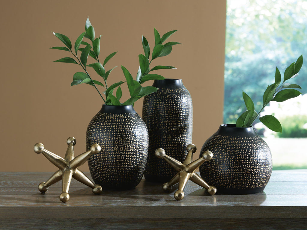 Vinburn accessory set black speckled vases with greenery and gold star-shaped bases