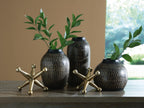 Vinburn accessory set black speckled vases with greenery and gold star-shaped bases
