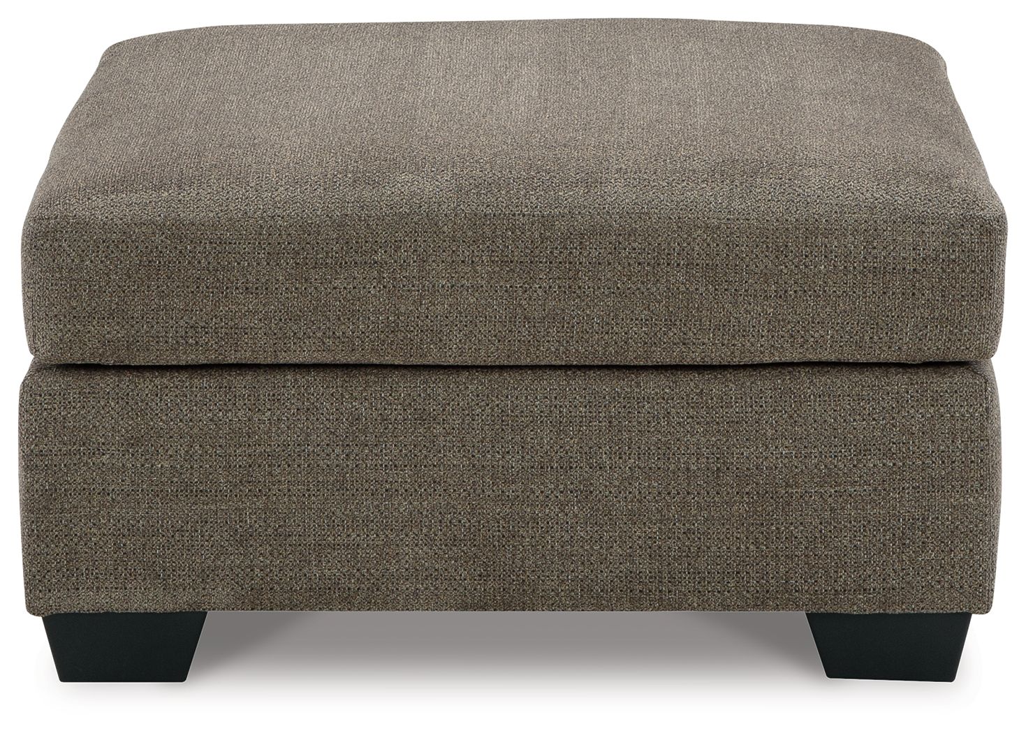 Oversized ottoman with dark brown fabric, thick cushioned seat, and squared black legs.