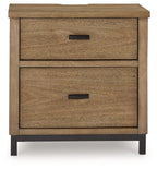 Light brown two-drawer nightstand with black bar handles and panel sides