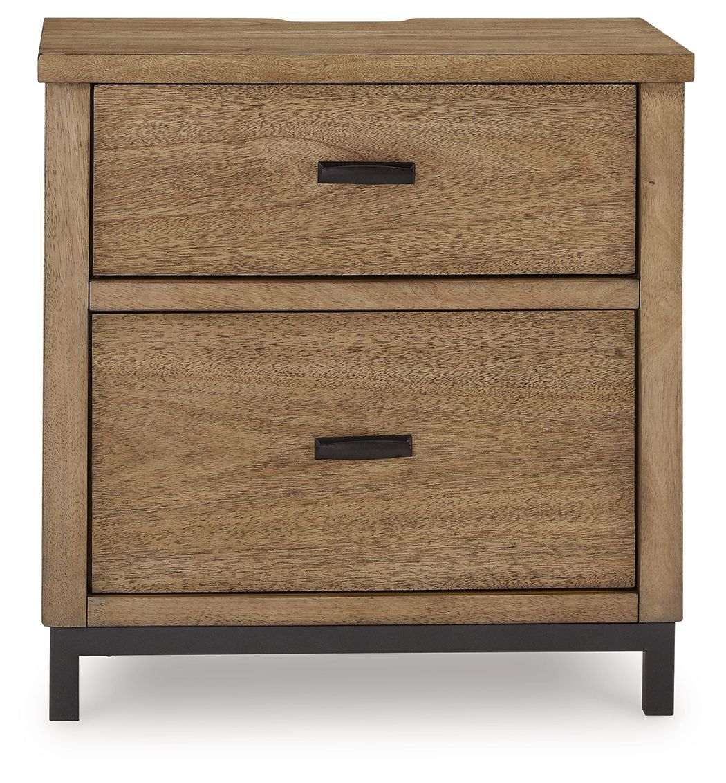 Light brown two-drawer nightstand with black bar handles and panel sides