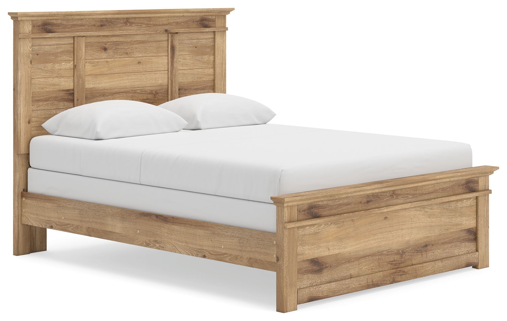 Light brown panel bed with paneled headboard, slatted sides, and white mattress