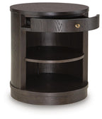 Dark brown accent table with extended drawer and open shelf storage
