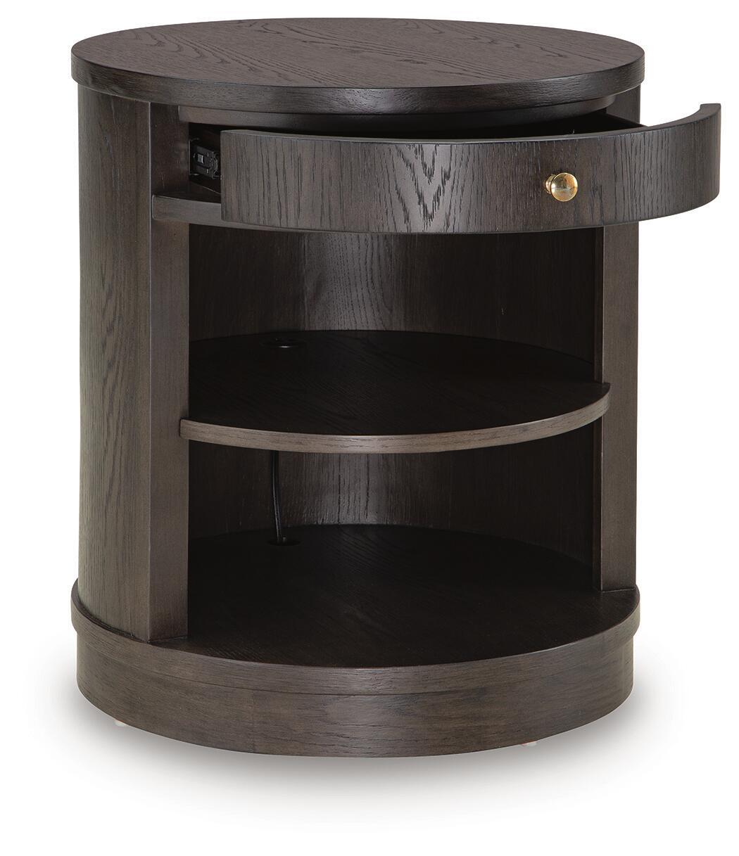 Dark brown accent table with extended drawer and open shelf storage
