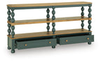 Blue console sofa table with two open shelves and two drawers, turned posts