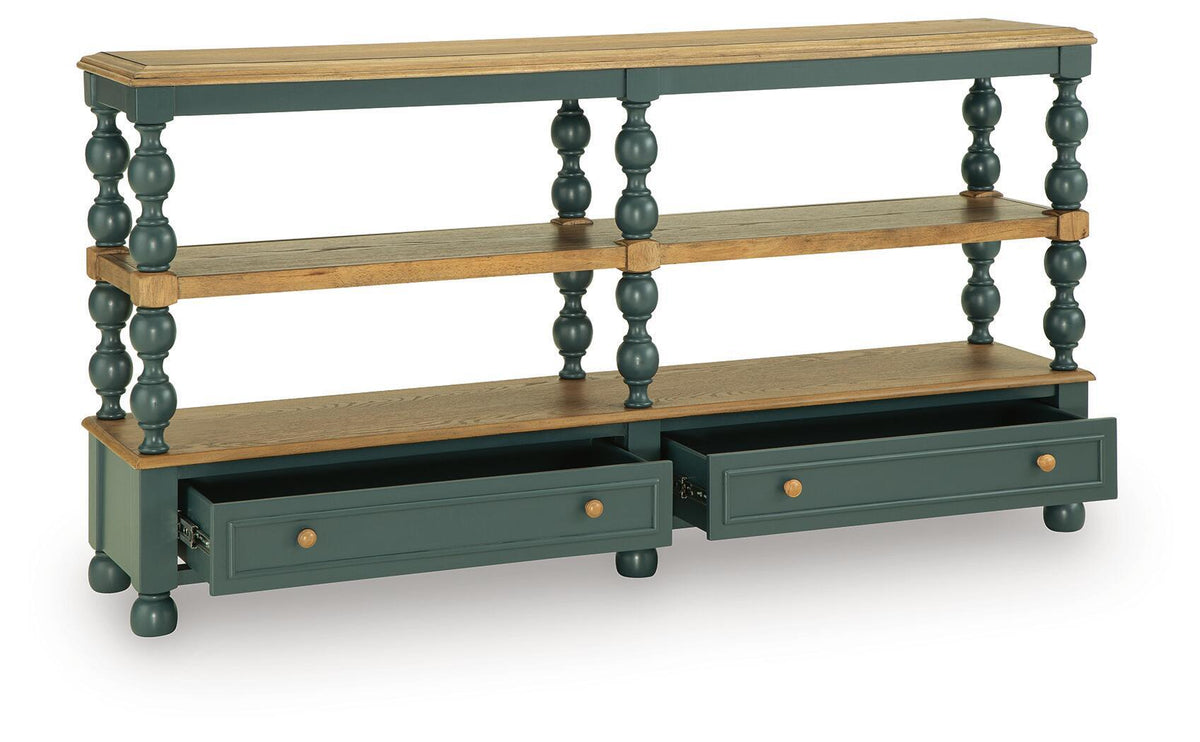 Blue console sofa table with two open shelves and two drawers, turned posts